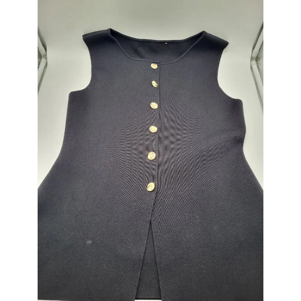 Zara Gold Button Knit Vest Top Black SZ XL Minimalist Classic Heavy - Picture 5 of 8